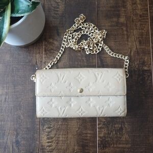 Authentic Beige Leather Louis Vuitton Wallet On Chain